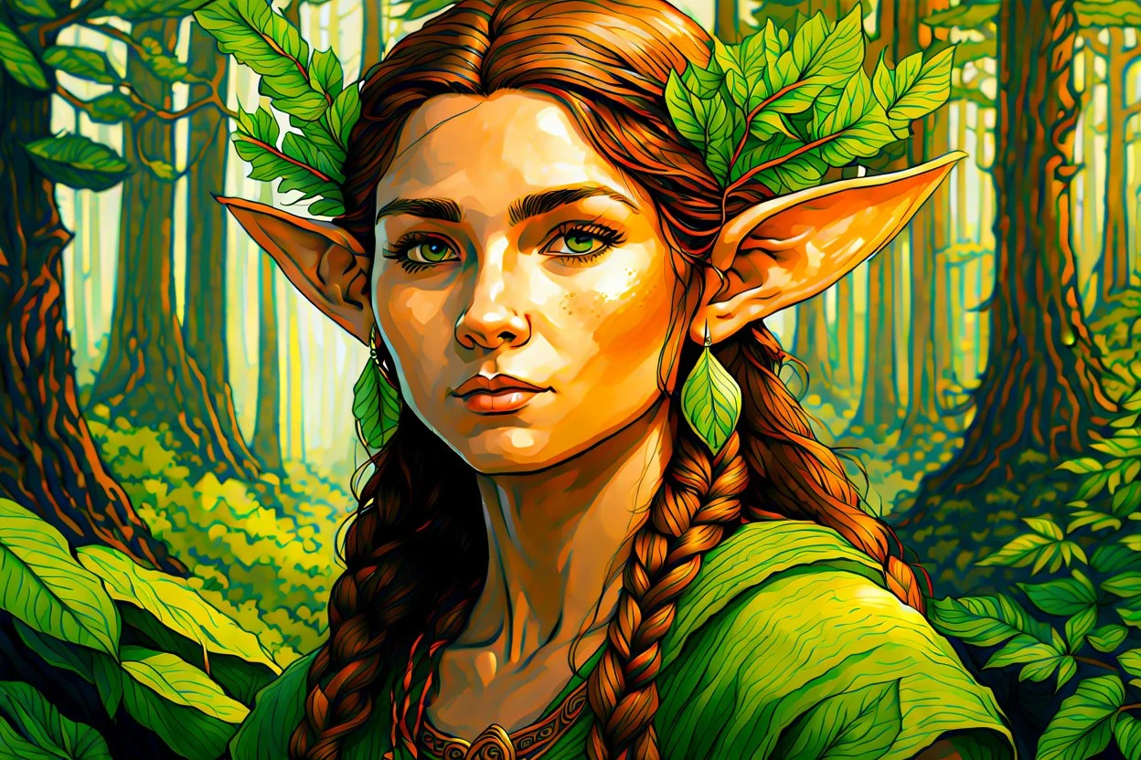 create oil and watercolor portrait of a young, nomadic forest elf female fantasy art character, with highly detailed, sharply lined facial features, in the deep forest of Brokilon , finely inked, 4k in the style of Maxfield Parrish