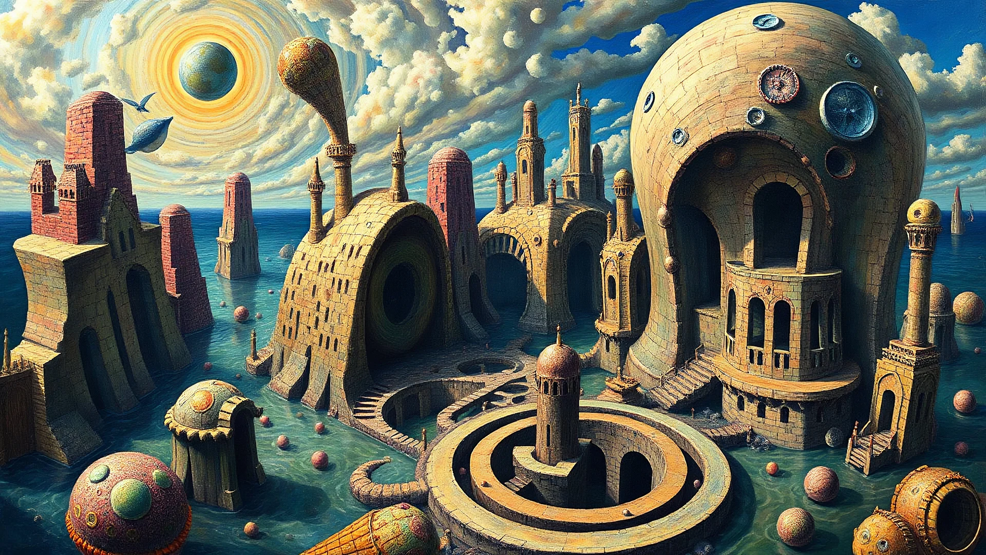 Surreal seascape with intricate and complex maze-like structures, inspired by the Dau-al-set movement, vibrant colors and dreamlike atmosphere, painted in a realistic style reminiscent of Salvador Dali or René Magritte.