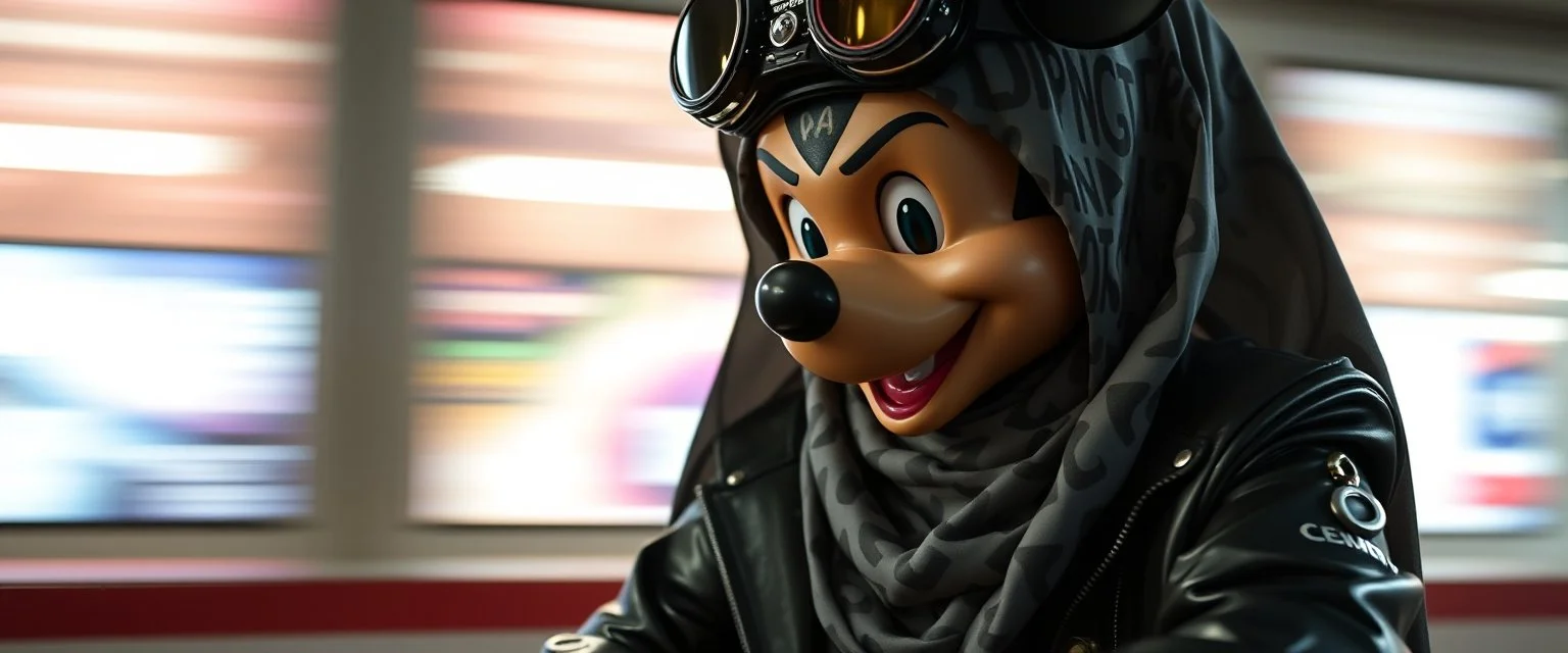 hi speed bad ass cyber punk mickey mouse as a muslim cross dresser with motion blurred background