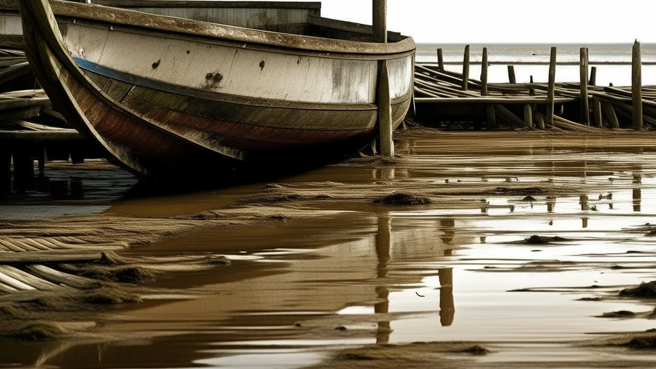 Detail of a pier or muddy beach, with subtle reflections and the boat as the main focal point.