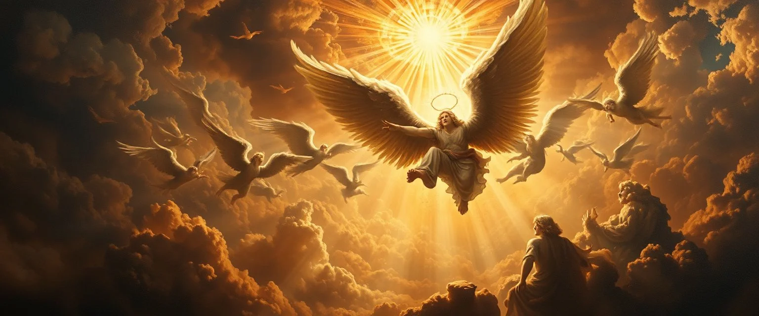 master oil painting by Rembrandt,whirlwind of a 100 million angels singing, display of god rays over blessed earth