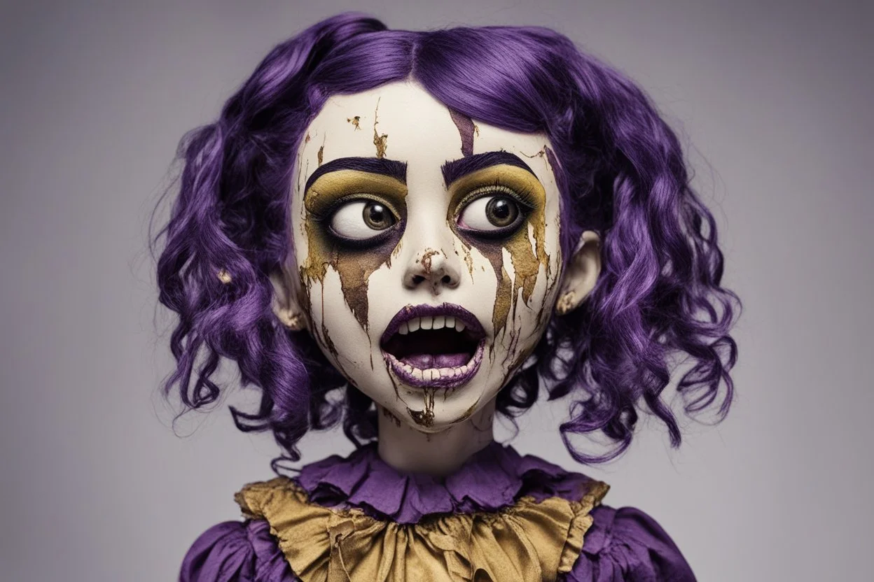 full color, illustration of a darkpurple and gold tones, menacing, Singer Melanie Martinez face, as a decayed, broken, crude homemade cloth doll toy, with a narrow cracked porcelain face, thick dark eyebrows, hair in two gradually, made from ragged strips of cloth, in the style of Alex Pardee, Tim Burton, and Nadya Sheremet