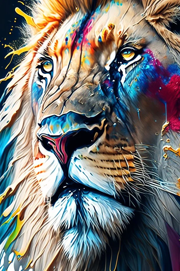 "lion", clean design, epic Instagram, art station, splash of colorful paint, contour, ((solid white background)), closeup, looking into camera, hyperdetailed intricately detailed, unreal engine, fantastical, cinema lighting, intricate detail, splash screen, complementary colors, fantasy concept art, 8k resolution, DeviantArt masterpiece, watercolor, paint dripping
