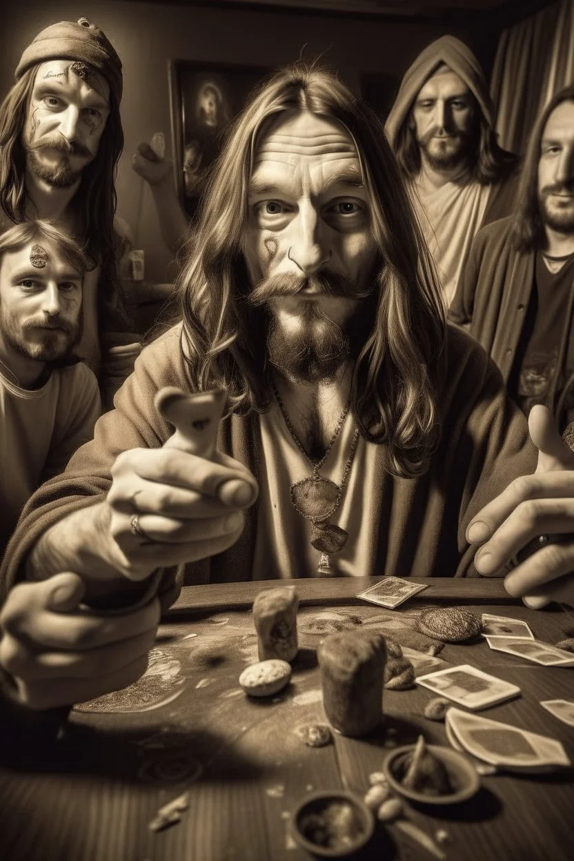 Jesus and some friends smoking and playing cards, davinci. Surreal. Agony face, smile, pain scream. Fish eye lense camera. Perfect composition.