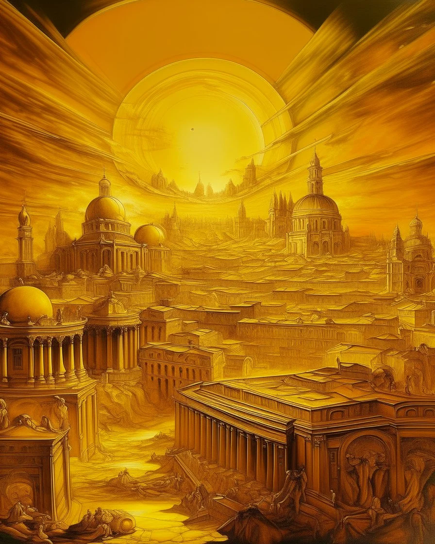A golden yellow glowing metropolis painted by Michelangelo di Lodovico Buonarroti Simoni