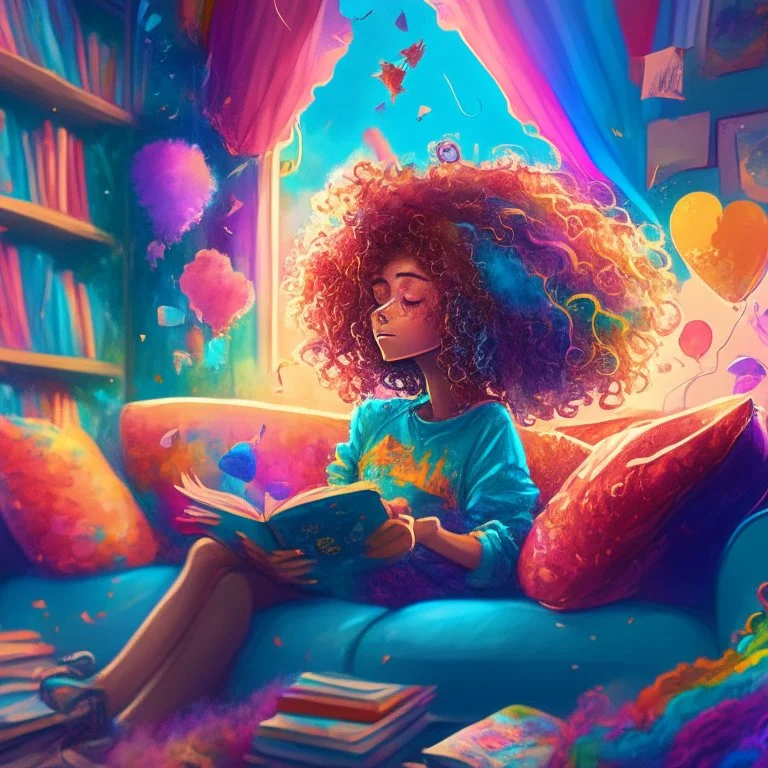 A beautiful girl with curly hair is sitting on the sofa in her room and her beautiful and colorful dreams are flying around the room. A room full of joy and passion and color, digital art, anime, 4k, full details, high resolution