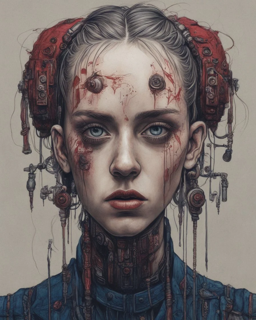 A portrait of a Singer Danish MØ face, cyberpunk, symmetry, hyperdetailed, painting by John Kenn Mortensen, darkblue and darkred tones,