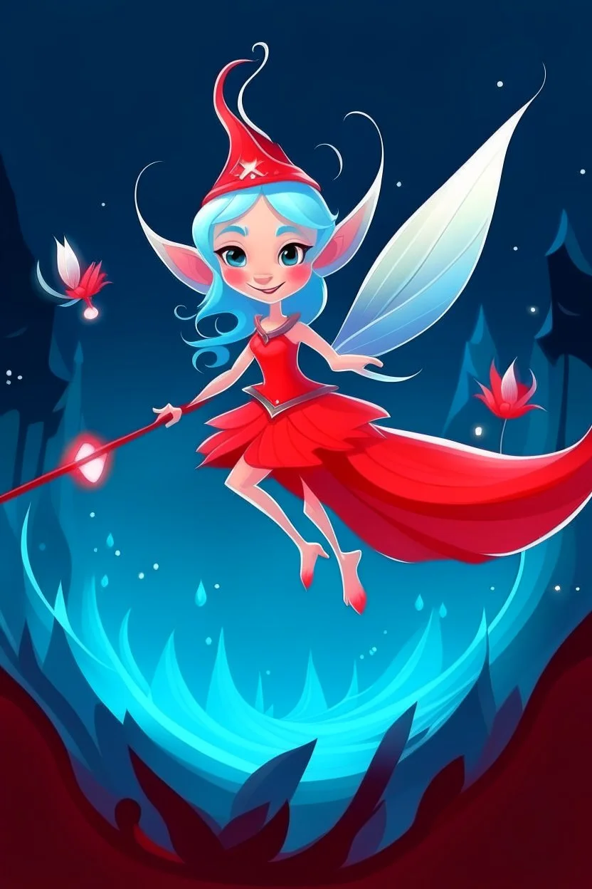 fantasy cartoon style illustration: mischievous ice fairy flying in the air with red magical wand