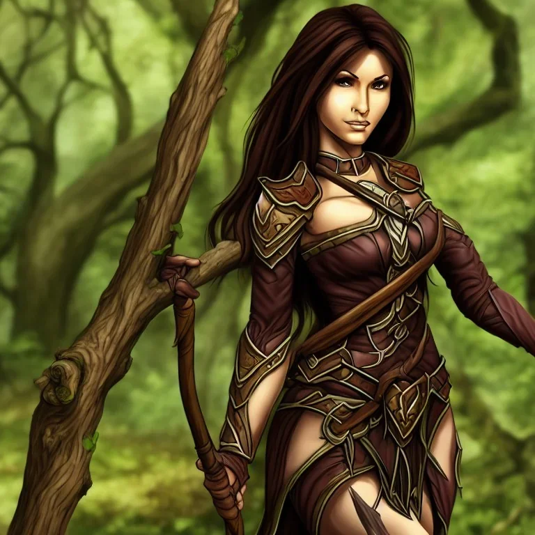 dungeons and dragons, female wood elf, druid, brown hair, brown eyes, full body, realistic face, short hair, large nose, closed mouth, leather armor, dark skin, one person