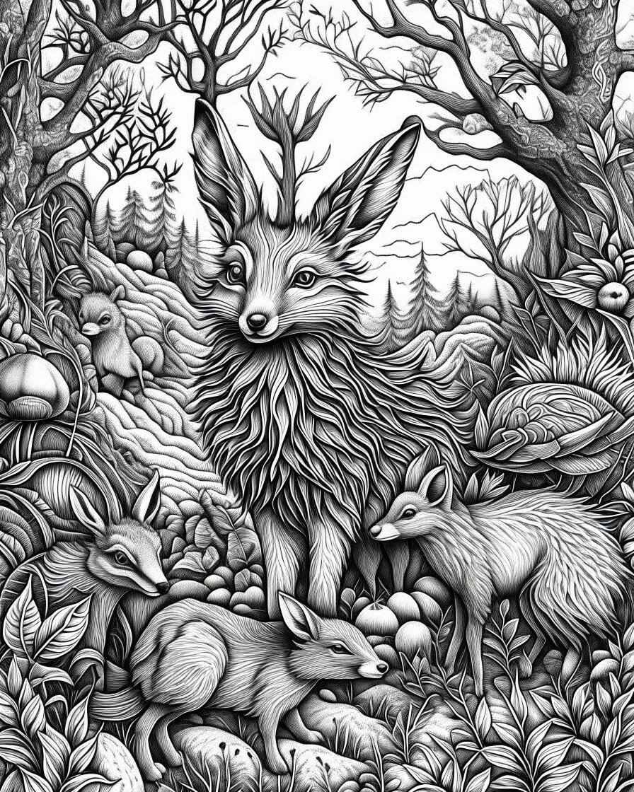 forest animals, coloring page, perfect composition, beautiful detailed intricate insanely detailed octane render trending on artstation, perfect coloering page,,white, ((((black and white)))))