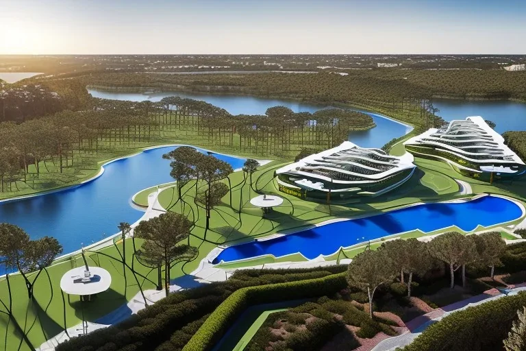 Sunset algarve in quinta do lago, a futuristic straight line luxury villa apartments with 250 meters long and a pool, overhang straight line terraces with black metallic beams and wood pergolas, with a separate clubhouse building facility with green roofs, overlooking the campus sport facility and inserted in the Ria Formosa Natural park, on a slope with pinus pinea, a wrap around low speed veicular road