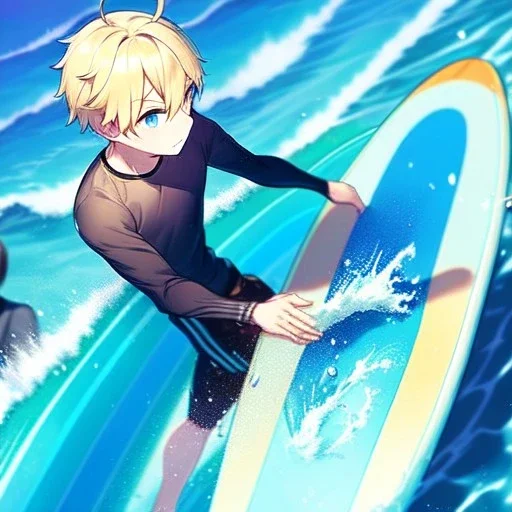 anime blonde boy on a surfboard on the waves