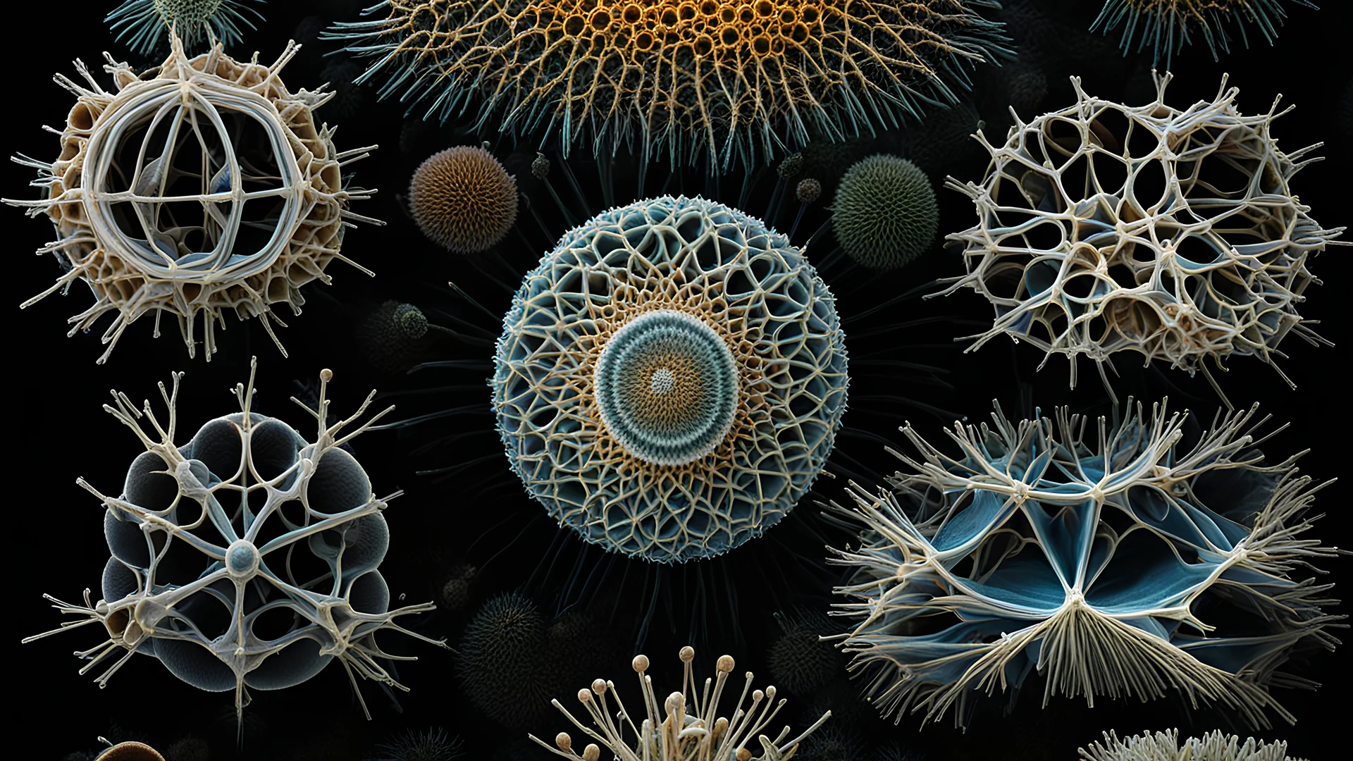 Exotic microscopic organisms, coloured, perfect geometric designs, amazing detail, beautiful composition, award-winning photograph, astonishing realism, 28mm lens, adjust perspective