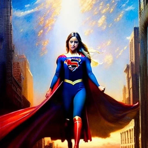 hyperrealism Drawing of 'Supergirl' by gaston bussiere, greg rutkowski, yoji shinkawa, yoshitaka amano, tsutomu nihei, donato giancola, tim hildebrandt,oil on canvas, cinematic composition,Sharp detail,extreme detail,fit full head inside picture,16k