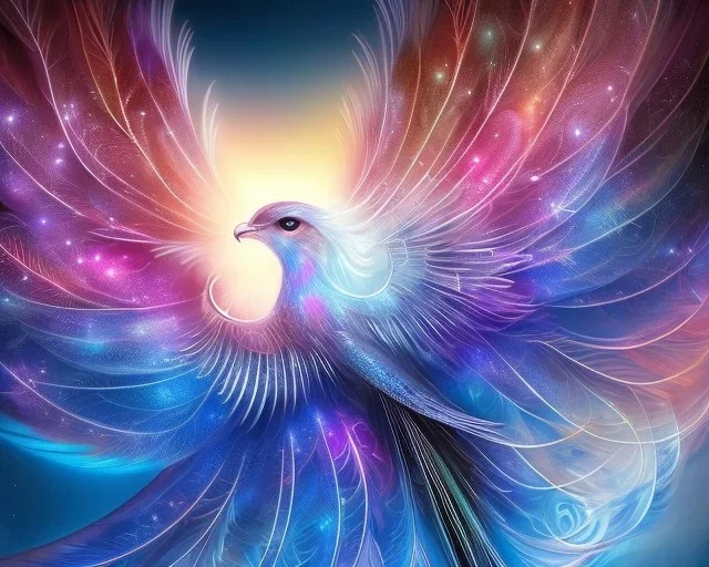 a detailed illustration of a phoenix with shiny blue wings and long glowing sparkly body, luminescent body, glinting spread wings, realistic, soft and smooth glowing wings, soft feathers, macro lens, sharp focus, meticulously detailed, soft studio lighting, smooth blurred gradient background, twinkly eye, 64k