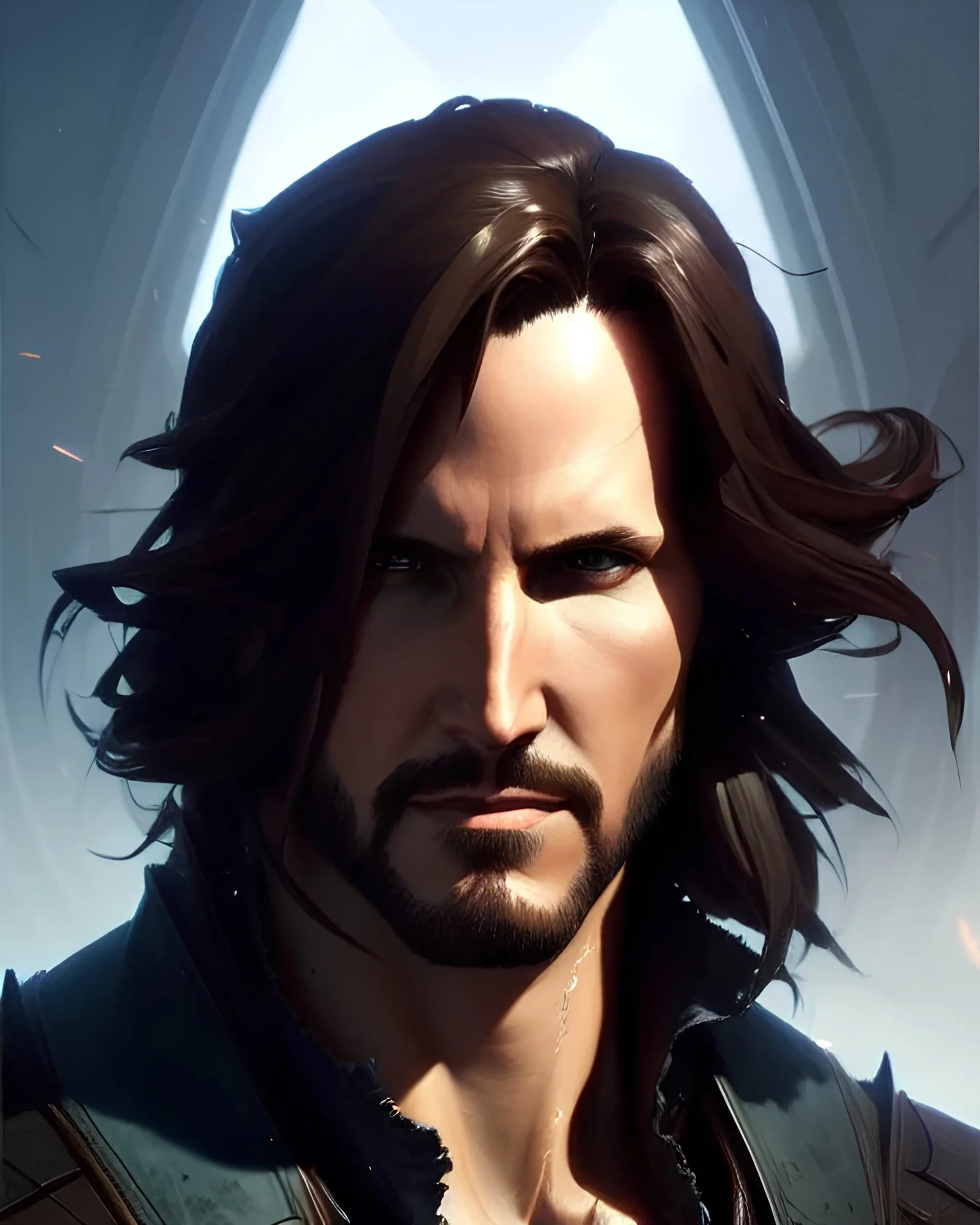 "matt mercer, full-scale head and shoulders portrait, 8k resolution concept art portrait by Greg Rutkowski, Artgerm, WLOP, Alphonse Mucha dynamic lighting hyperdetailed intricately detailed Splash art trending on Artstation triadic colors Unreal Engine 5 volumetric lighting Splash art fantasy"