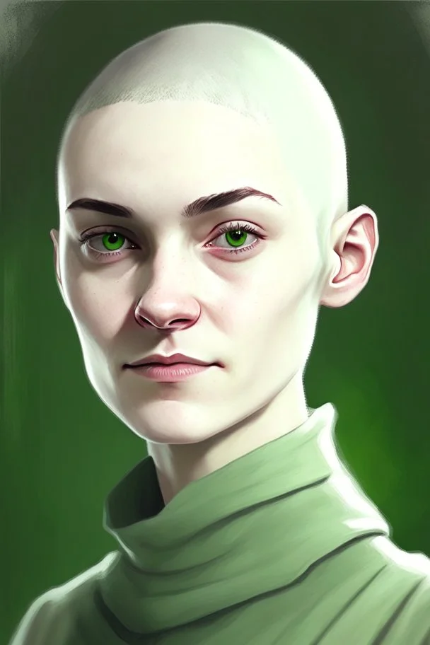 full color portrait drawing, portrait, 22-year old friendly female human cleric, shaved head, light eyebrows, grey eyes, wearing white (10%) and dark green (80%)