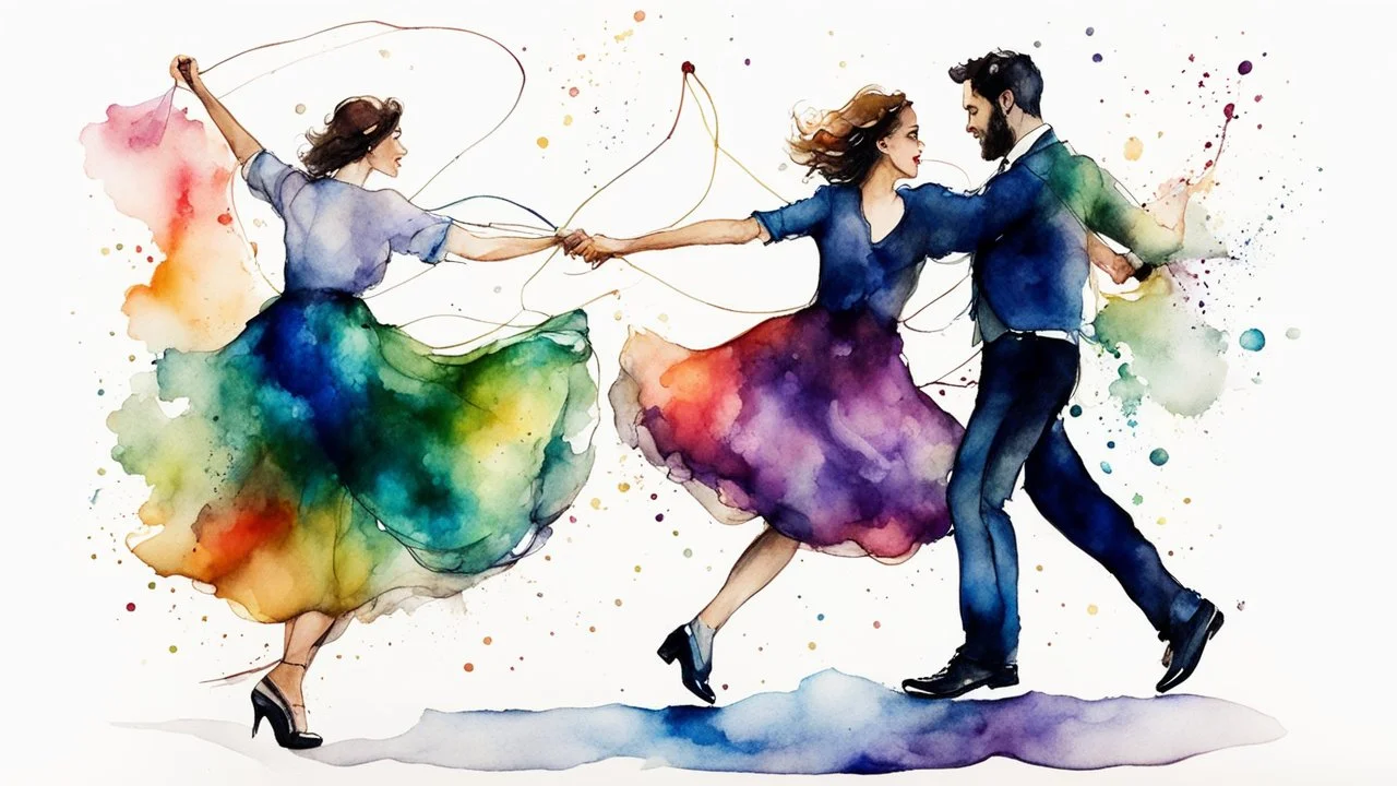 A man and a woman in their thirties dancing swing, drawing alcohol ink, watercolor, fine drawing,