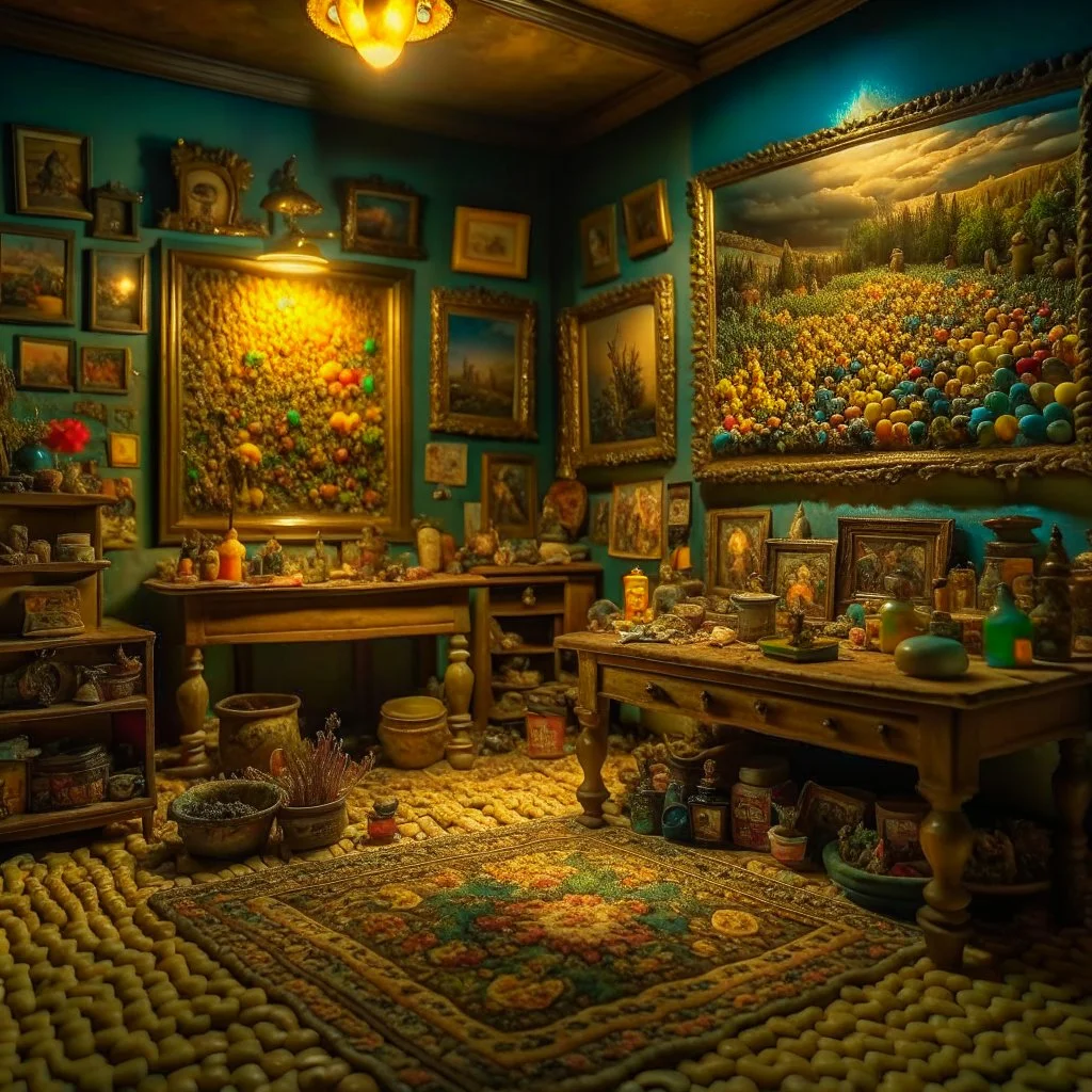 Diorama of old stuff in a room, sharp focus, 8k, 3d, very detailed, volumetric light, grim, fine art, very colorful, ornate, creepy paintings on the wall, 35mm, F/2.8, insanely detailed and intricate, hypermaximalist, super detailed, decadent