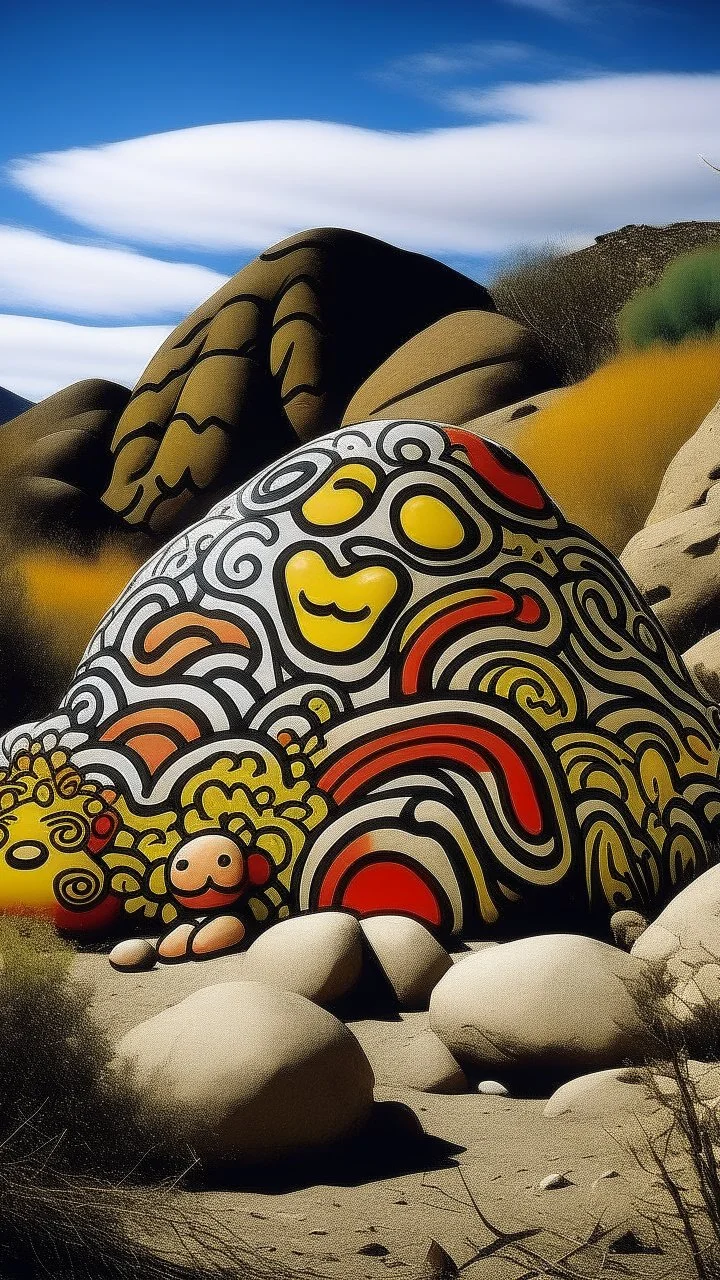 A brown mountain filled with rock construction golems painted by Keith Haring