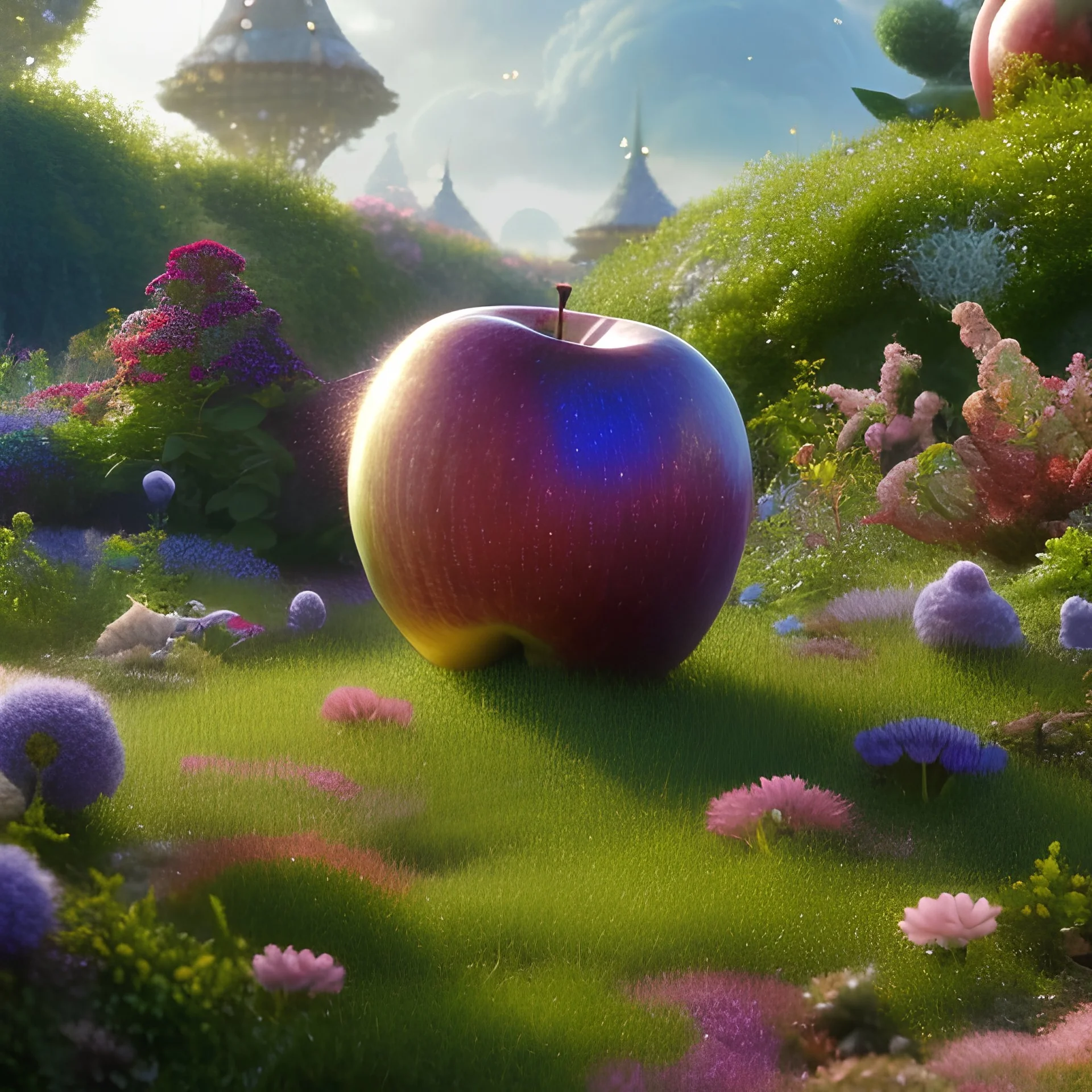 pixar style, volumetric summer garden environment and background, realistic painting of an apple, looking excited, detailed digital painting, extreme dense and fine fur, anime, ornate, colour-washed colors, elegant, small minutiae, tiny features, particulars, centered, smooth, sharp focus, renderman gofur render, 8k, uhd, detailed eyes, realistic shaded volumetric lighting, sunlight caustics, backlight, centered camera view