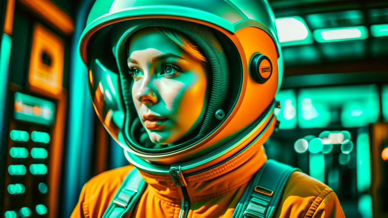 tangerine tango and ultramarine green color blocking, (sci-fi aesthetic:1.4), bright instagram LUT, shot of a (Danish 20 yo woman:1.2) retro-futuristic cosmonaut with a shy smile wearing a glass dome helmet and spacesuit with harness (with futuristic power plant in the background:1.2), skindentation, hourglass figure, waist cincher, on alien landscape with its surface covered in impact craters, valleys, plains and mountains, grey dust, a heavy rain storm, at sunrise, geometric gradients, sci-fi,