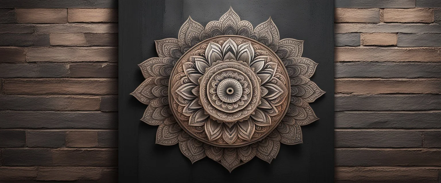 Hyper Realistic Beautiful half Mandala art on left & right sides on a dark rustic wall