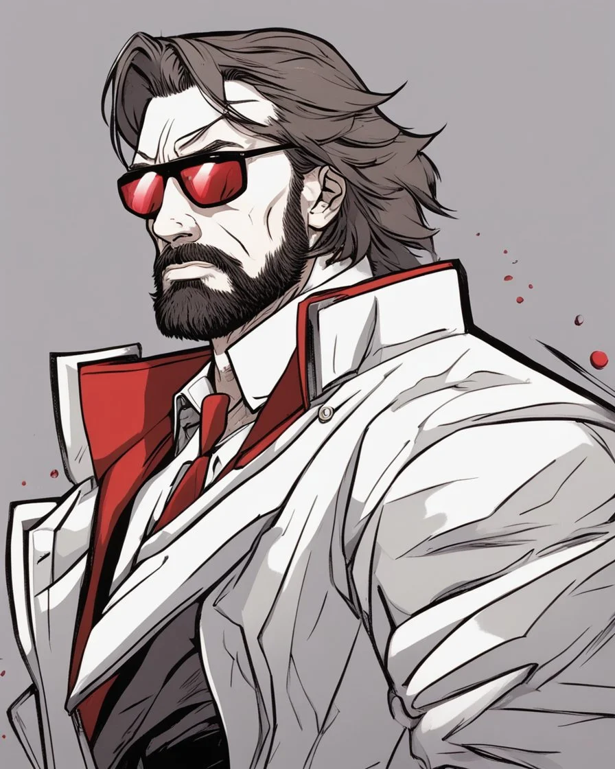 a young man with big muscles who looks like hans gruber wearing a heavy coat and red sunglasses staring with an irritated look on his face