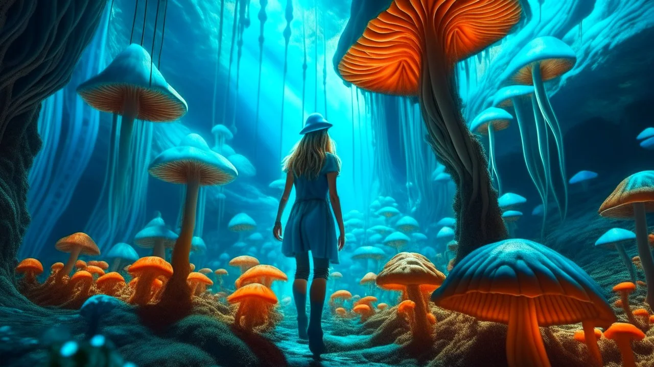 woman walking through Alien mushrooms with jellyfish tentacles, floating through an alien forest, in a huge cave, floor covered in mushrooms, photorealistic, Deep Colour, Intricate Detail, sunshine, blue sky