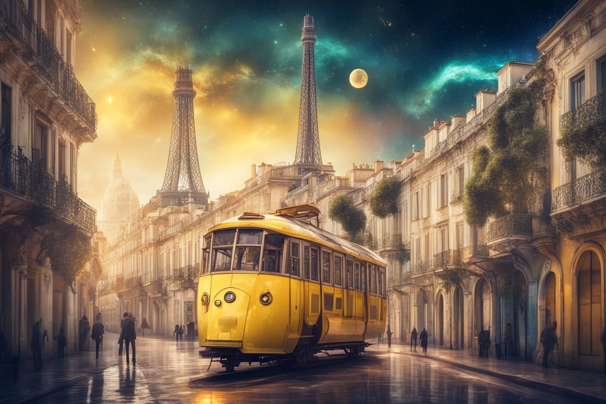 futuristic Lisbon city view in fantasy style with famous yellow tram, one eiffel tower in background, cosmic sky, dreamy, moody