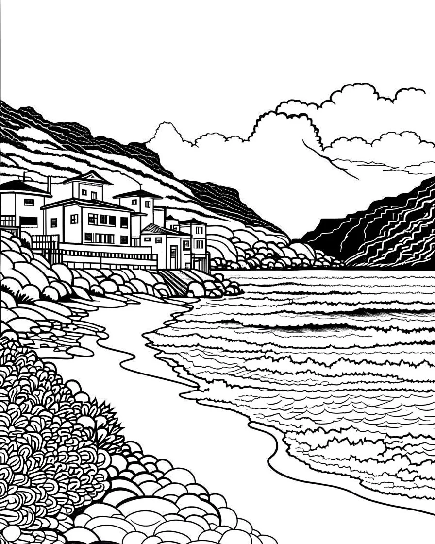 Cape Town, hill, sea coloring pages coloring pages, no color small slim line art