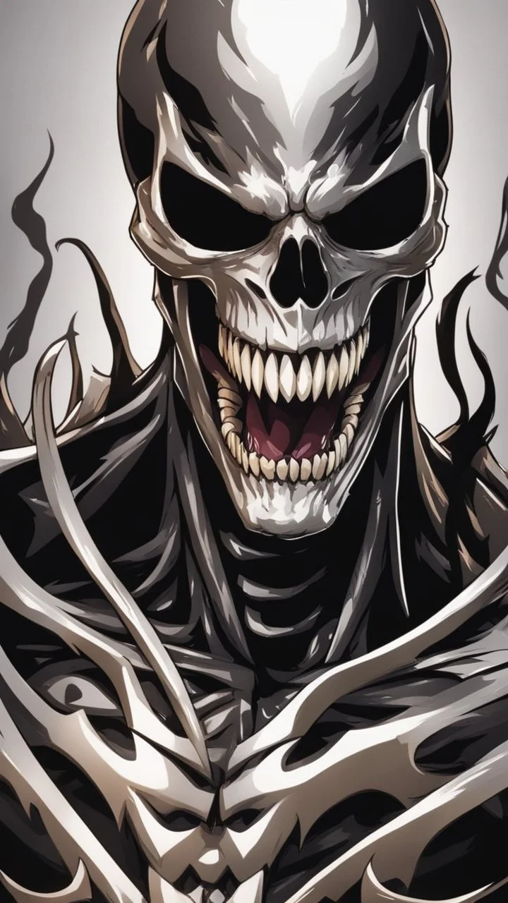 A close picture to Mix between Skeleton and venom symbiote in solo leveling shadow art style with venom smile