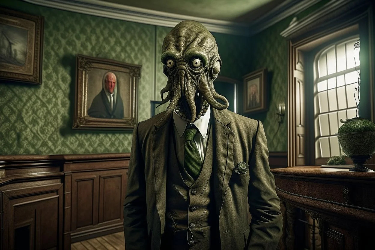 ww1 sick archeologist with suit talking close-up standing up looking to the camera, inside mansion room background, cthulhu face