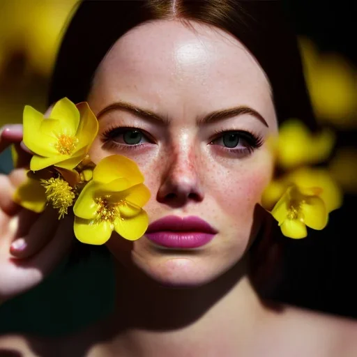 Emma Stone ,nates with yellow flowers for hair, closed eyes, rtx, reflection, 8k, glow, winning photography, caustics