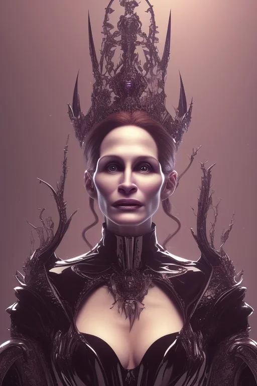 Julia Roberts as evil queen in black leather gown, evil, busty, cleavage, curvy, angry, stern look. character design by cory loftis, fenghua zhong, ryohei hase, ismail inceoglu and ruan jia. unreal engine 5, artistic lighting, highly detailed, photorealistic, fantasy