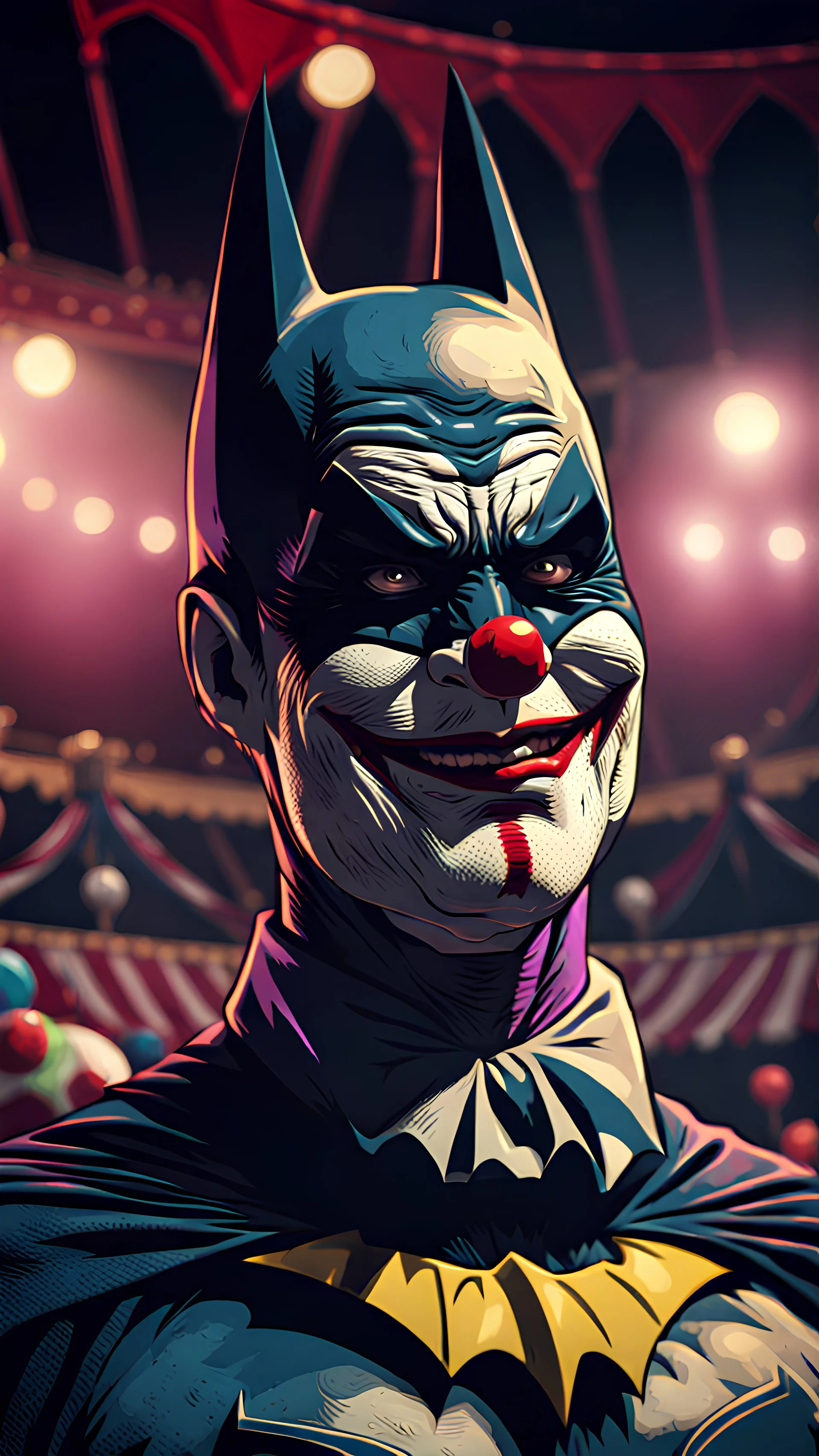 Batman clown at the circus, low color contrast, 8k