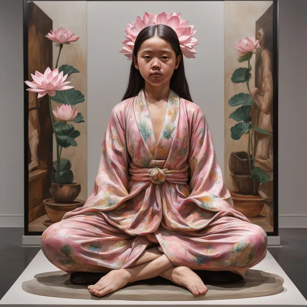 Hyperreal sculpture by John De Andrea, girl wearing a flower robe sitting in lotus pose on a museum display, hyperrealism