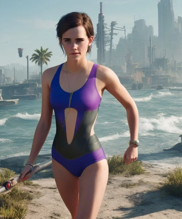 Emma Watson, full-length, in a swimsuit, cyberpunk 2077, photorealistic illustration, 16k