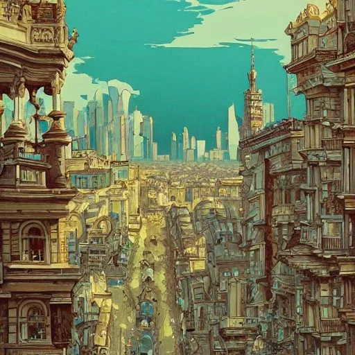 Skyline+Beaux Arts architecture+palladio+detailed facades+uphill road+trees+biopunk+Bueno Aires+turin+trieste+Chicago +Book illustration by Gediminas Pranckevičius, Jean Baptiste Monge, Brian Kesinger, Anton fadeev, Kilian Eng, strong lines, high contrast vibrant colors, highly detailed, 16k resolution, trending on behance""