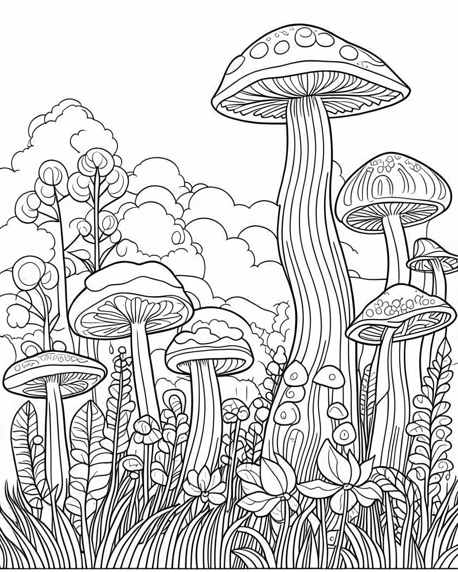 coloring page of mushroom world landscape, use clean lines and leave plenty of white space for coloring, simple line art, clean and minimalistic line