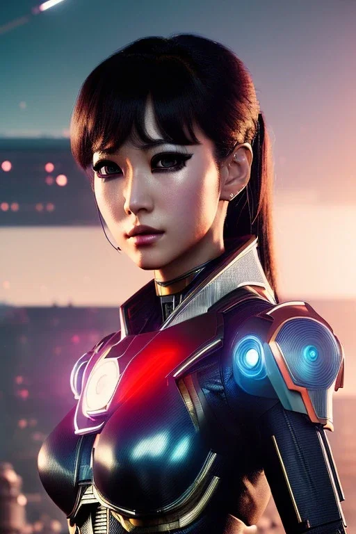 Futuristic manga cyborg, portrait from waist up, intricate eyeliner, vibrant eyeshadow, clear completion, soft lighting, 4k resolution, intricate details, insanely detailed, colorful cityscape background, masterpiece, expert, cinematic smooth, retroanime style, realistic details, no helmet