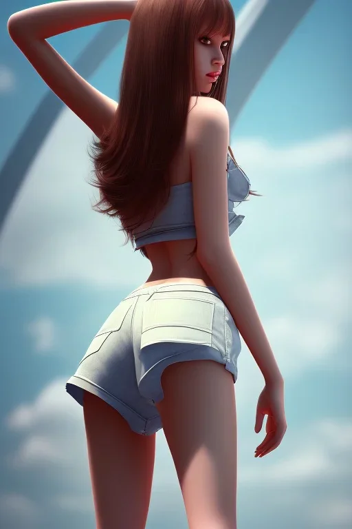 girl, cute, beautiful, behind view, long hair, shorts, big butt