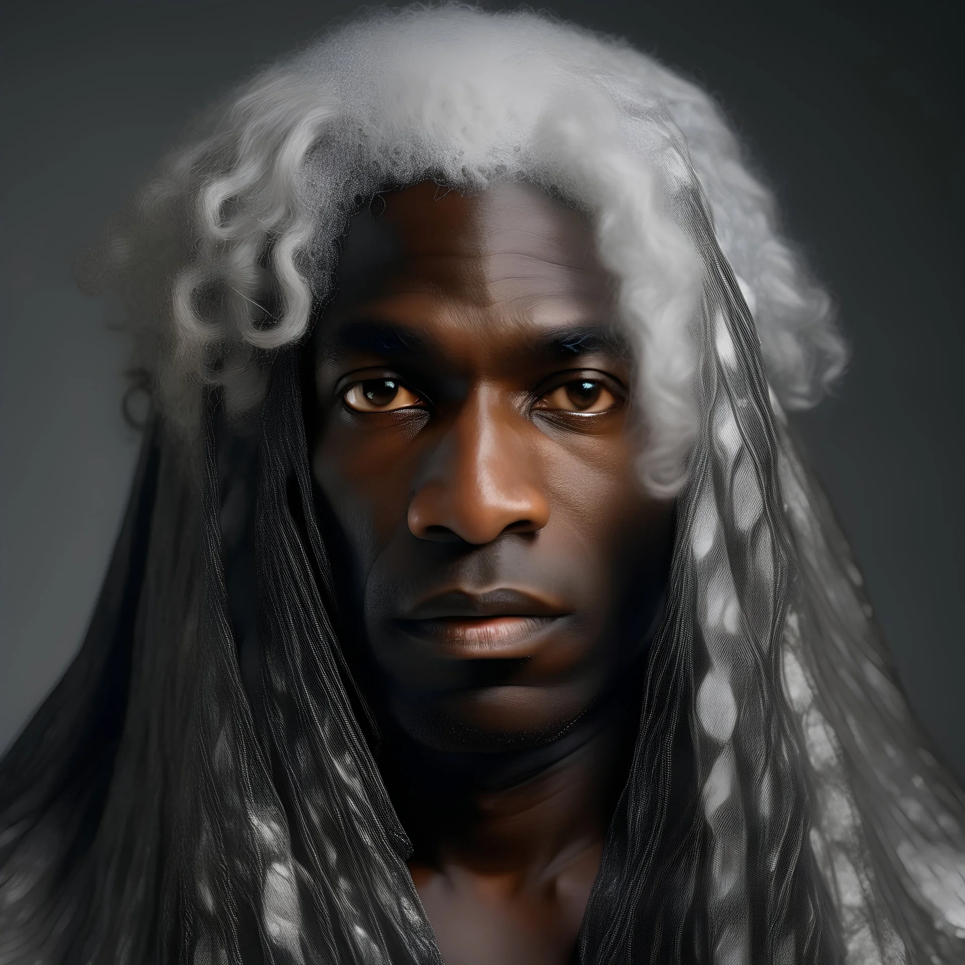 dark-skinned man wearing a silver hair veil with curly darkhair