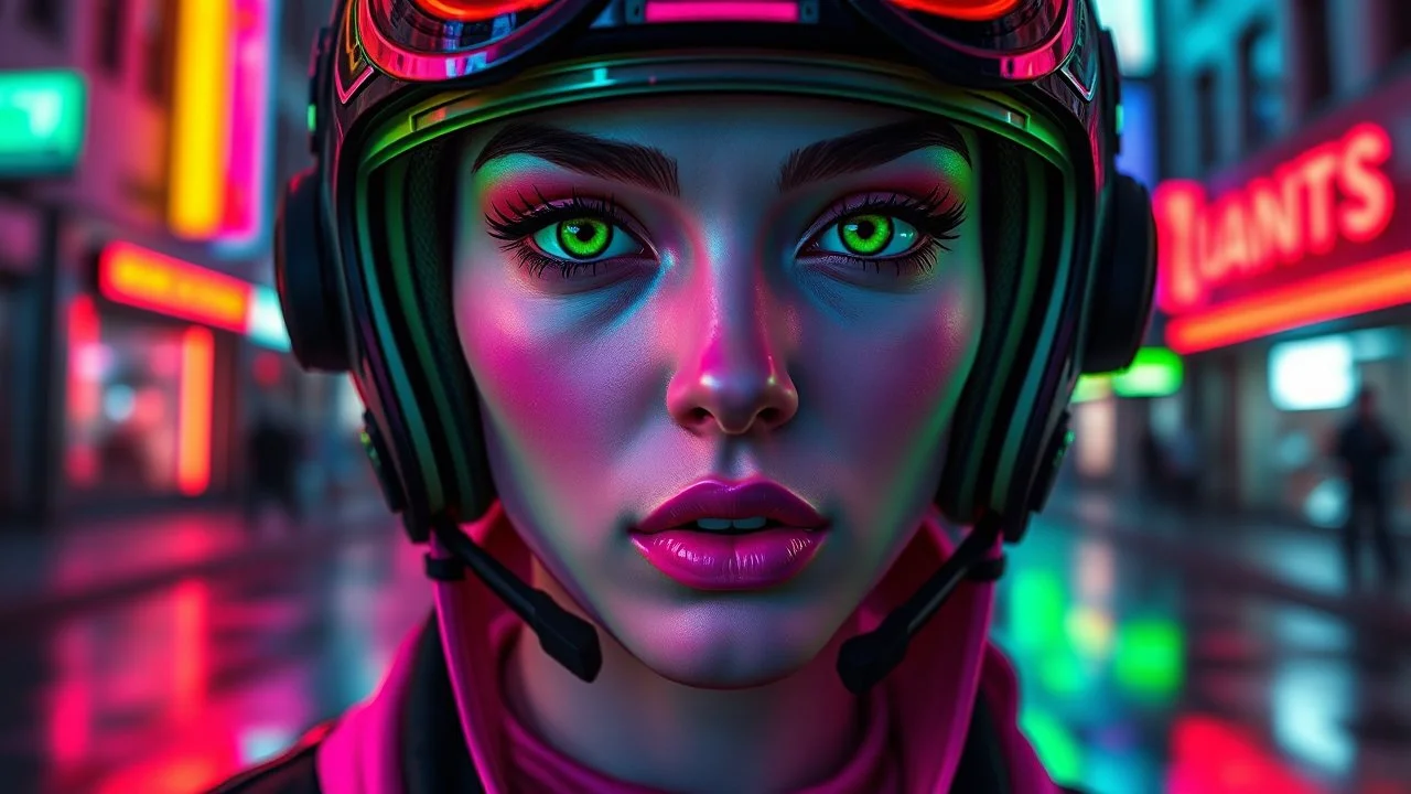 face close-up A female cyberpunk cyborg wearing a helmet with brown gradient lenses. The color palette is neon green and pink. The background is a neon-lit city street at night with bioluminescent orange lettering reflecting on the wet pavement. Her bright green eyes and neon purple lips complete her bold, mysterious look. Simon Dewey, Rococo, Hyperdetail, Tender; Royo, Bagshaw, Chevrier, Lou Haz, Ferry, Kaluta, Minguez, Mucha, WLOP, Greg Olsen, Artgerm. Cinematography, 8K