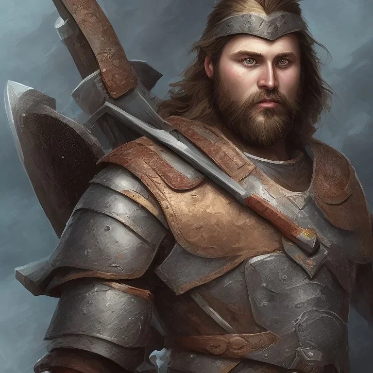 Portrait of Gradwulf the barbarian warrior. He is an unattractive man in his 30s with battlescars across his face. He wields a two-handed battle-axe.