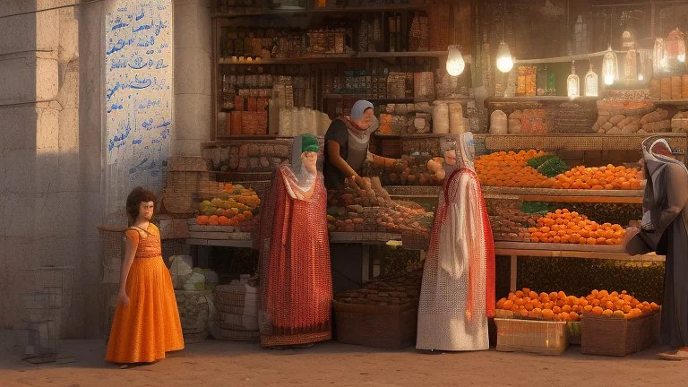 A full-length Palestinian girl wearing an embroidered dress and a white embroidered shawl buys oranges from an old seller wearing a keffiyeh in the market of Jerusalem, 100 years ago, at night with multi-colored lights reflecting on her.