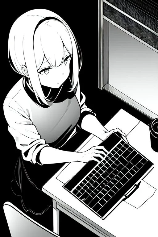 hacker girl use a laptop above a table in a cafe, line arts, greyscale