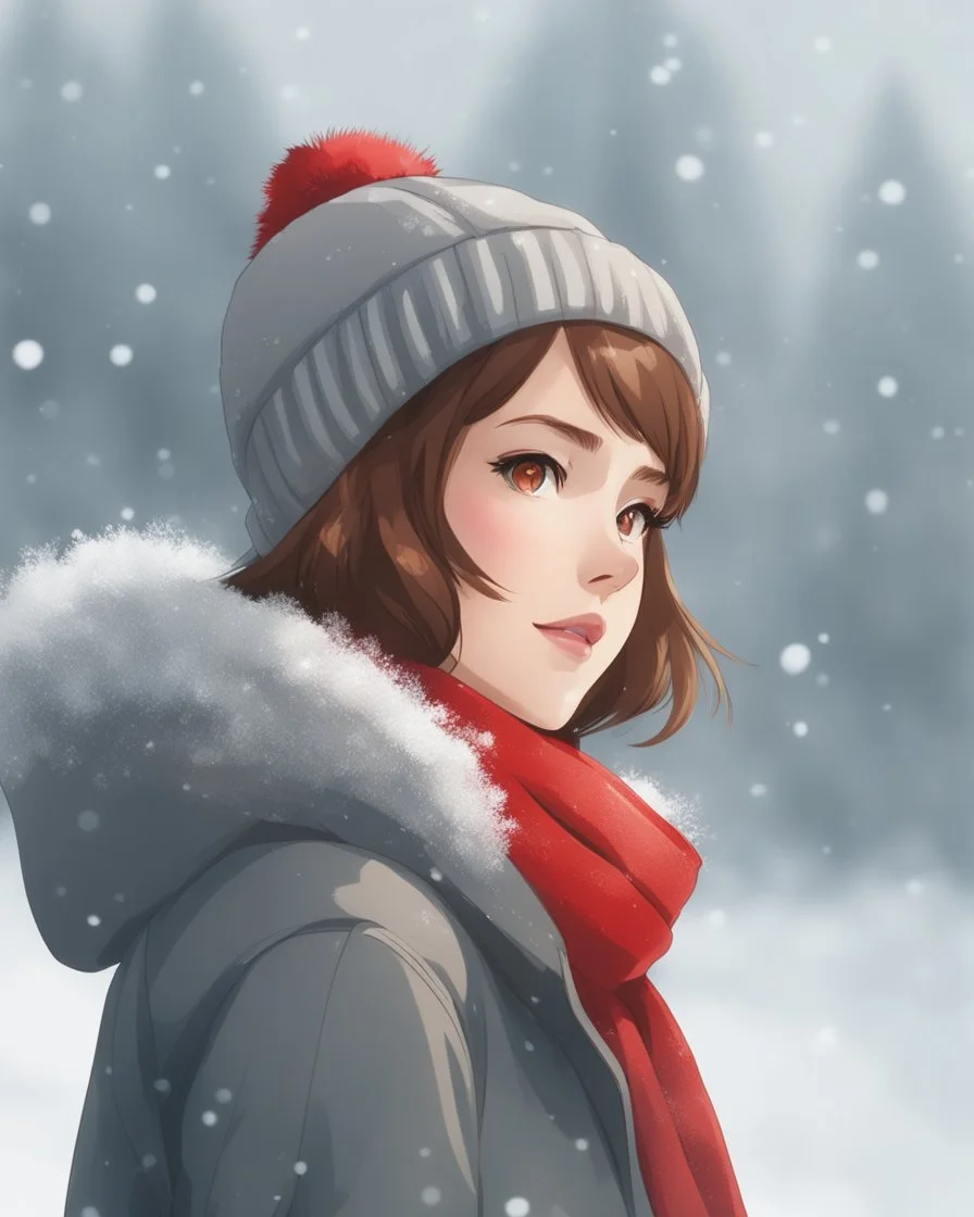 Medium view of a girl with short brown hair, red winter hat, red scarf, gray winter coat, snow in the background, beautiful anime portrait