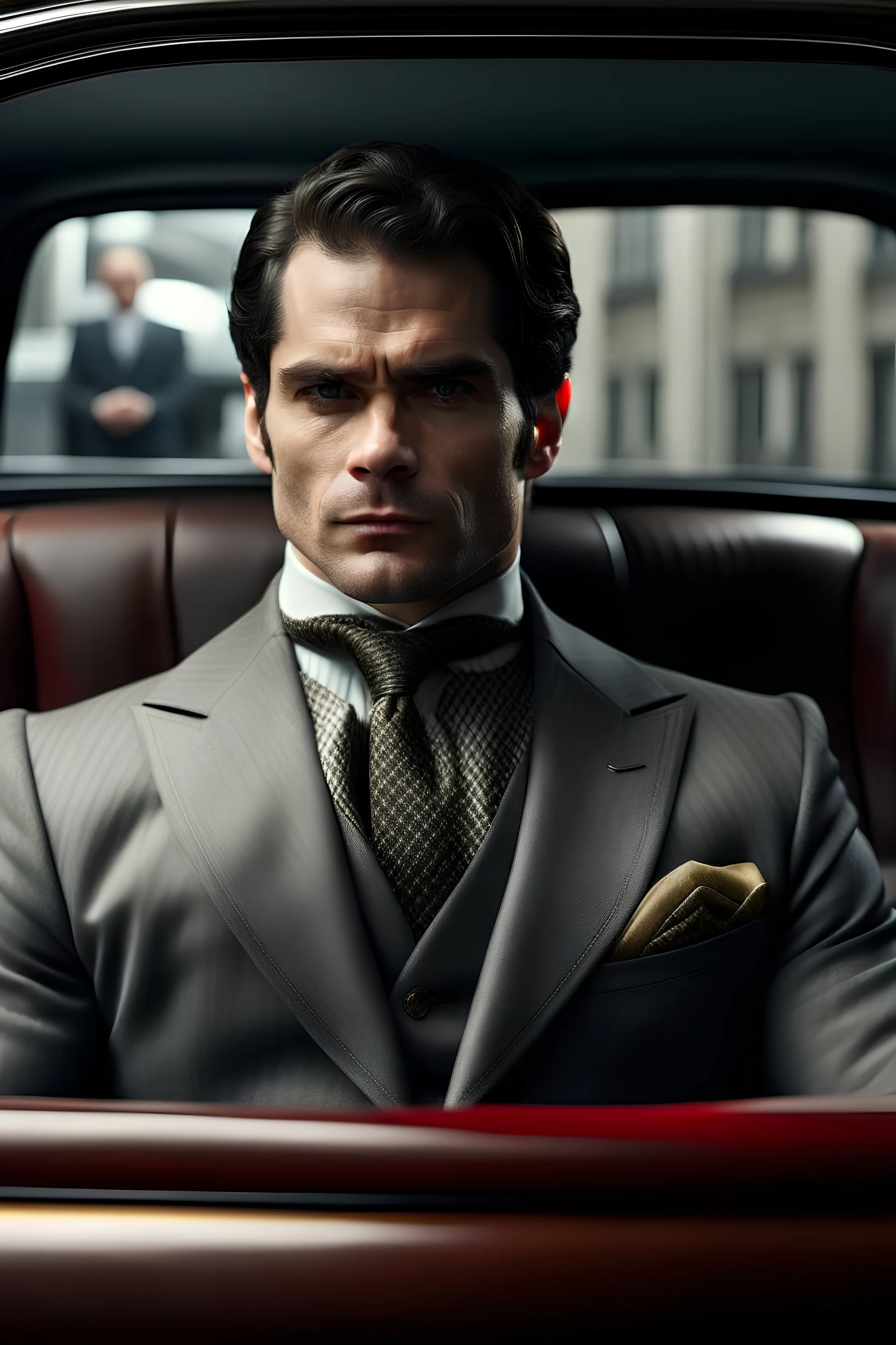 fictional henry cavill LOOKALIKE wearing suit LOOKING FROM BEHIND IN THE SEAT OF THE CAR, their backs are facing the camera, looking at the camera, safe. sfw, no explicit content. books