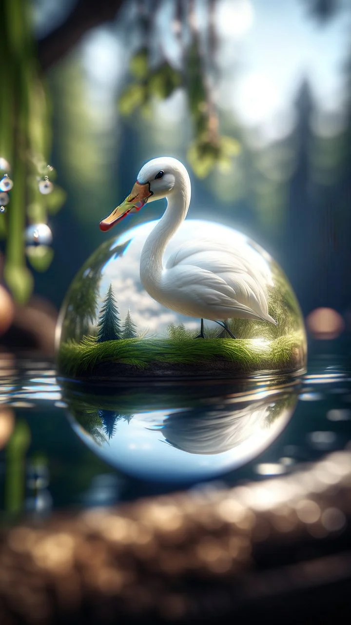 portrait of swan inside a boat crystal ball hanging from a tree in the mountain , shot on Hasselblad h6d-400c, zeiss prime lens, bokeh like f/0.8, tilt-shift lens 8k, high detail, smooth render, down-light, unreal engine, prize winning